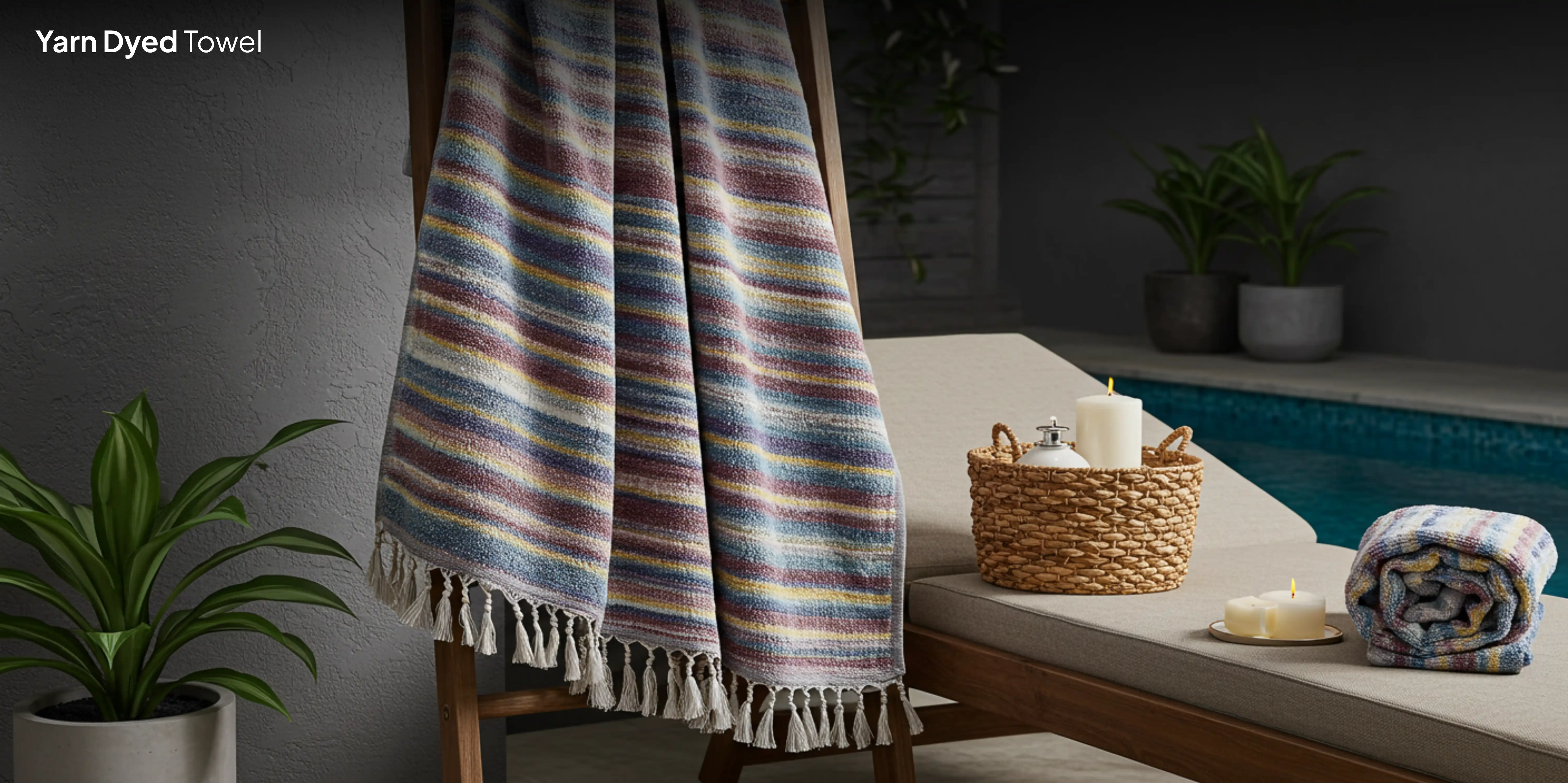 YARN DYED TOWEL on wooden stand by pool.